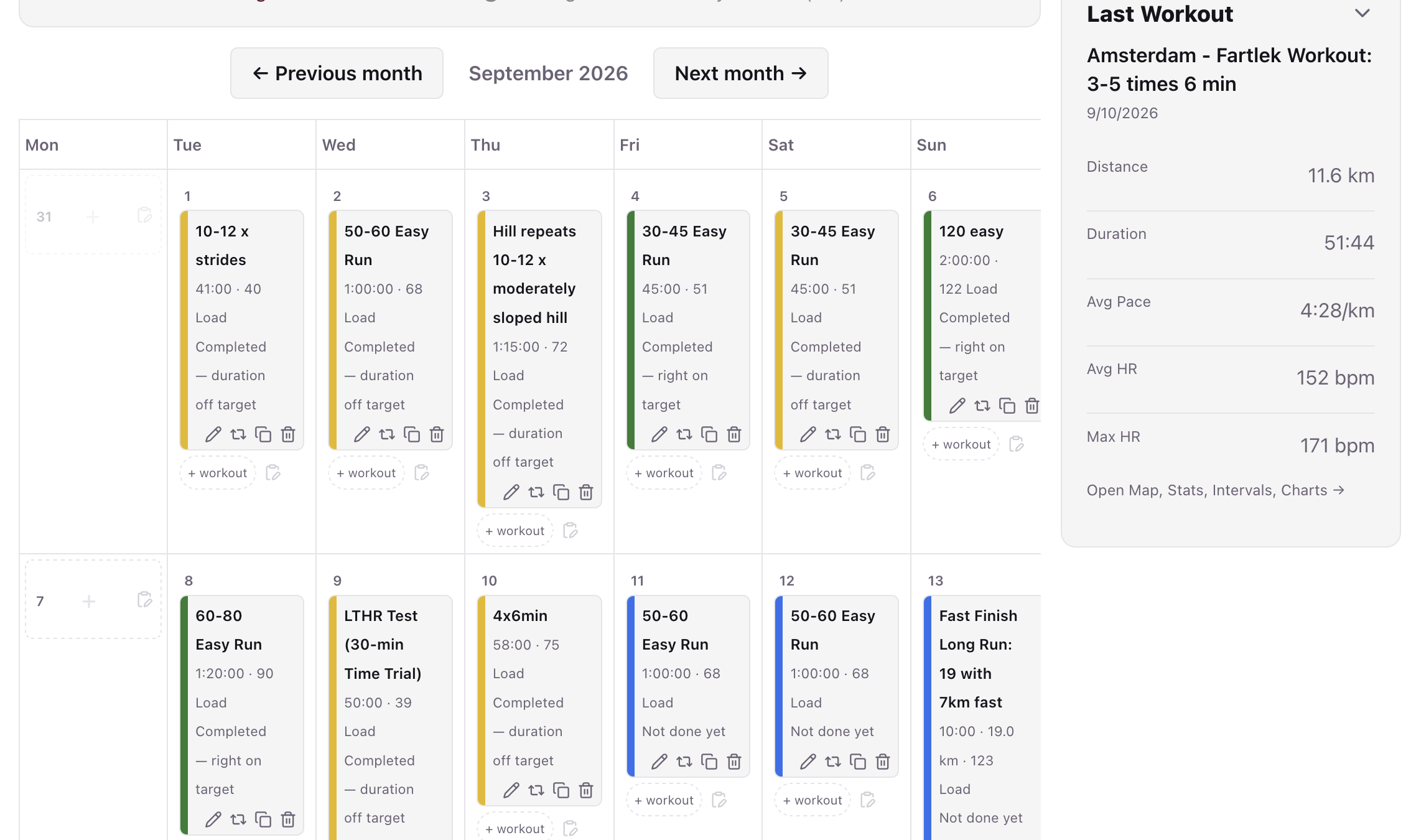42Endurance coach platform's full month calendar, with a weekly totals column and workouts synced to the athlete's watch